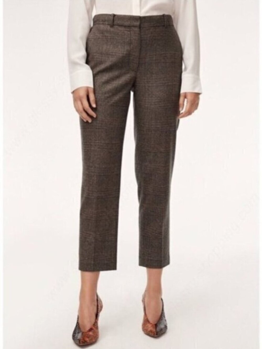 Wilfred Aritzia Pant Plaid Wool Crop Straight Leg Brown 2 Office Business casual